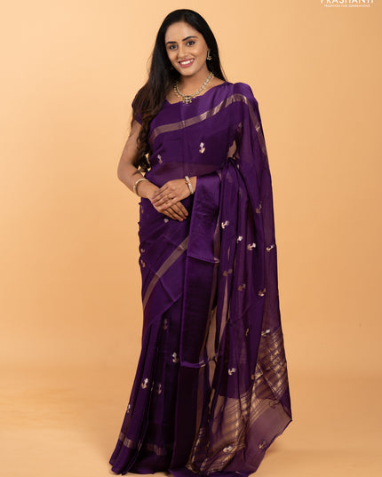 Art kota silk saree deep violet with silver & zari woven buttas and zari woven simple border