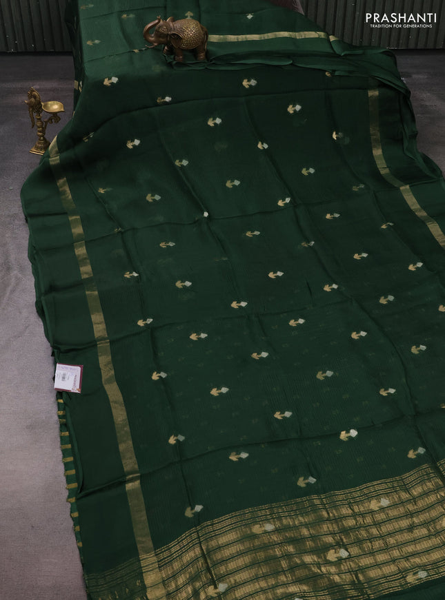 Art kota silk saree bottle green with silver & zari woven buttas and zari woven simple border