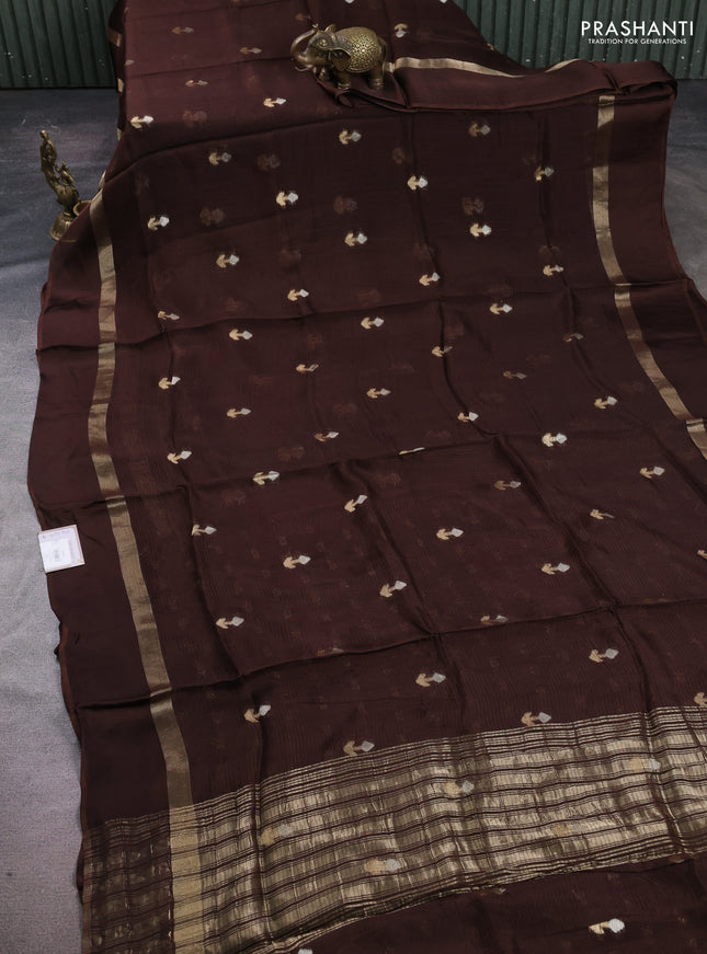 Art kota silk saree brown with silver & zari woven buttas and zari woven simple border