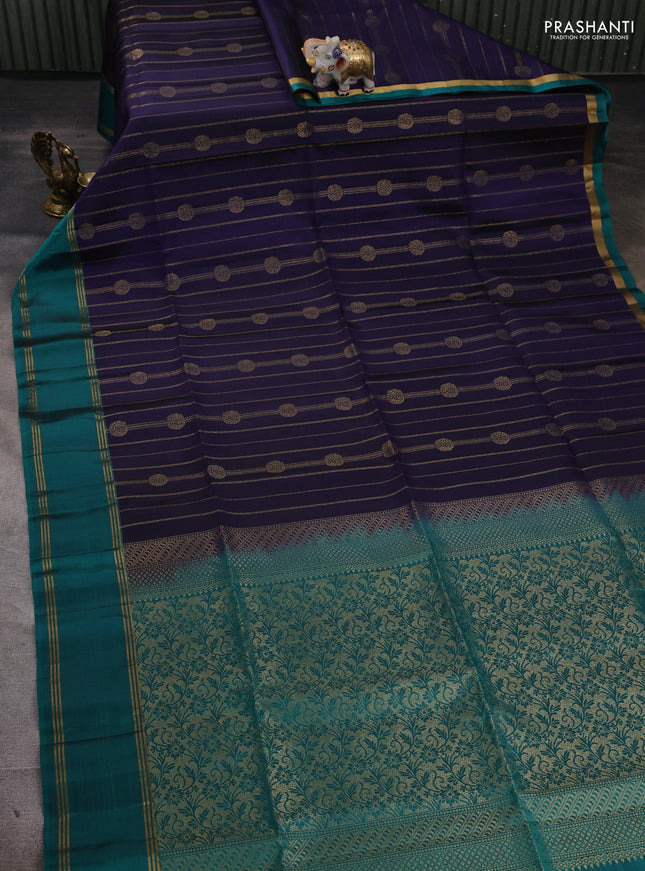 Pure soft silk saree navy blue and teal green with allover zari stripes & buttas and rettapet zari woven border