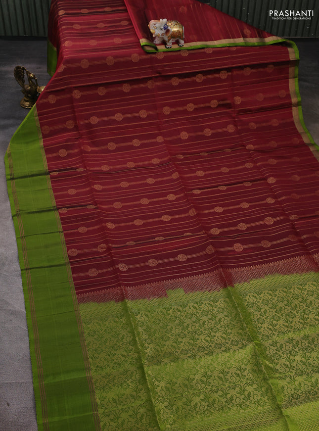 Pure soft silk saree deep maroon and light green with allover zari stripes & buttas and rettapet zari woven border