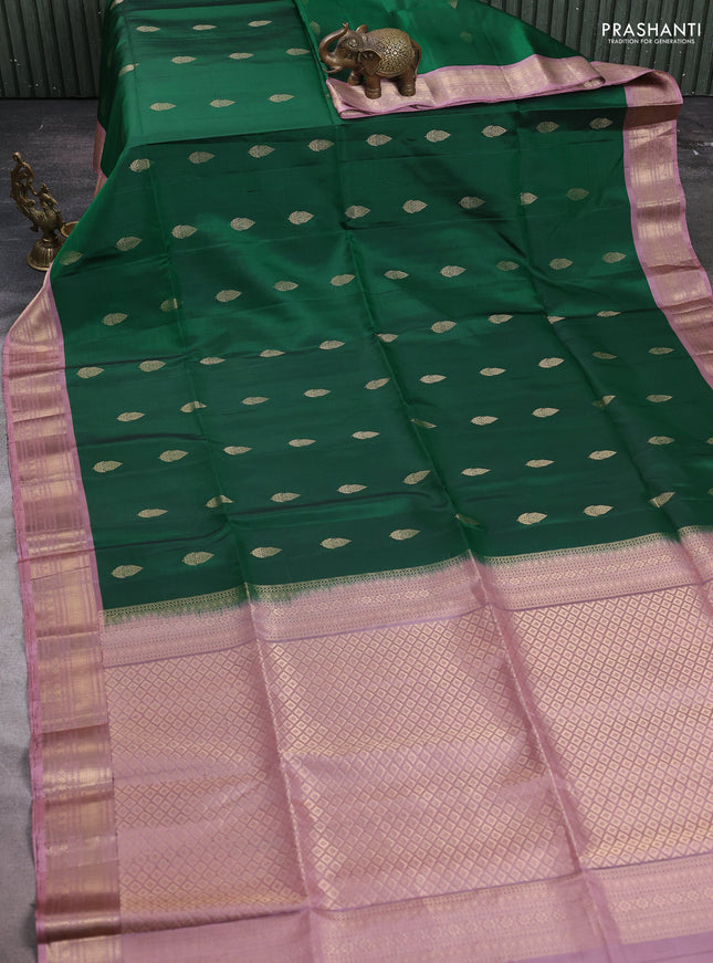 Pure soft silk saree dark green and peach pink with allover zari woven buttas and zari woven border