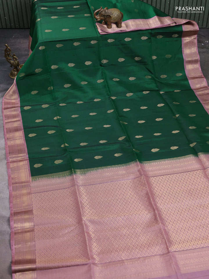 Pure soft silk saree dark green and peach pink with allover zari woven buttas and zari woven border