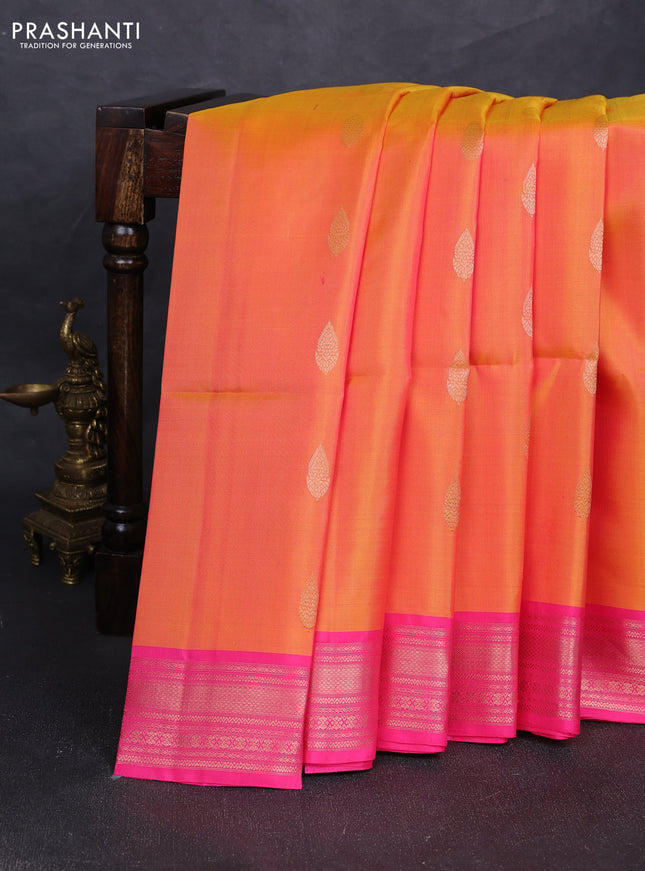 Pure soft silk saree orange and candy pink with allover zari woven buttas and zari woven border