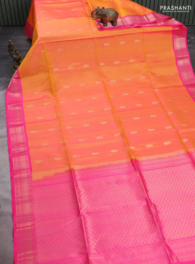 Pure soft silk saree orange and candy pink with allover zari woven buttas and zari woven border
