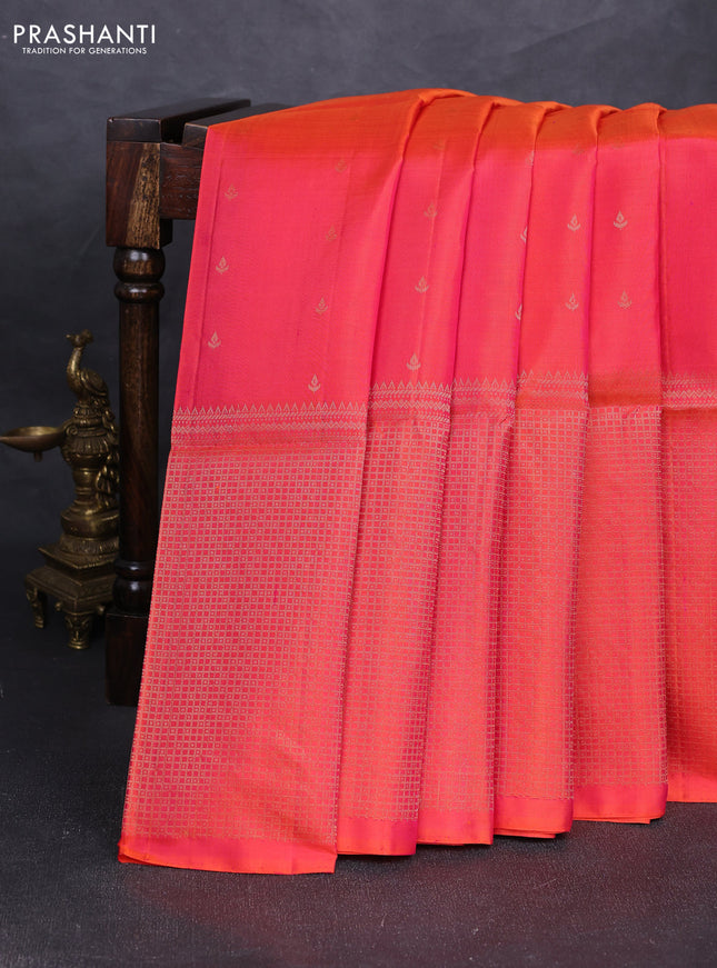 Pure soft silk saree dual shade of pinkish orange with allover zari woven buttas and long zari woven border