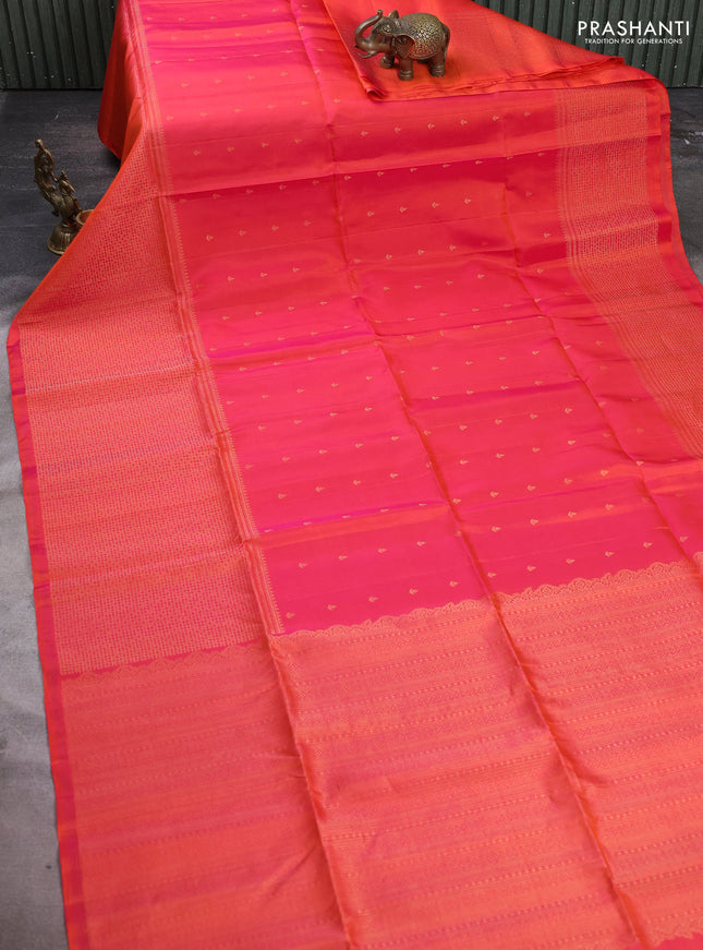 Pure soft silk saree dual shade of pinkish orange with allover zari woven buttas and long zari woven border