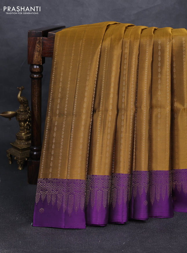 Pure soft silk saree mehendi green and violet with allover zari stripe pattern and zari woven border