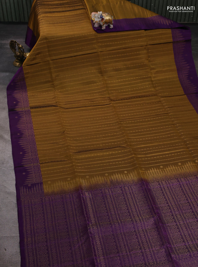 Pure soft silk saree mehendi green and violet with allover zari stripe pattern and zari woven border