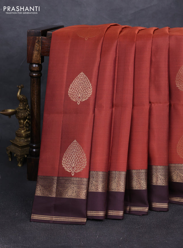 Pure soft silk saree rust shade and coffee brown with zari woven buttas and rettapet zari woven border