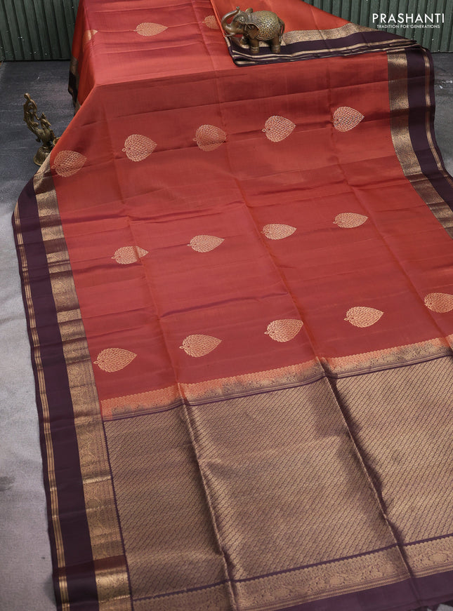 Pure soft silk saree rust shade and coffee brown with zari woven buttas and rettapet zari woven border