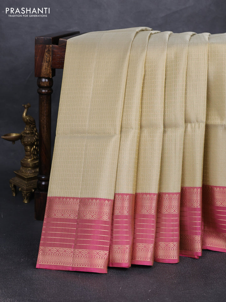 Pure soft silk saree elaichi green and pink with allover small checked pattern and zari woven border