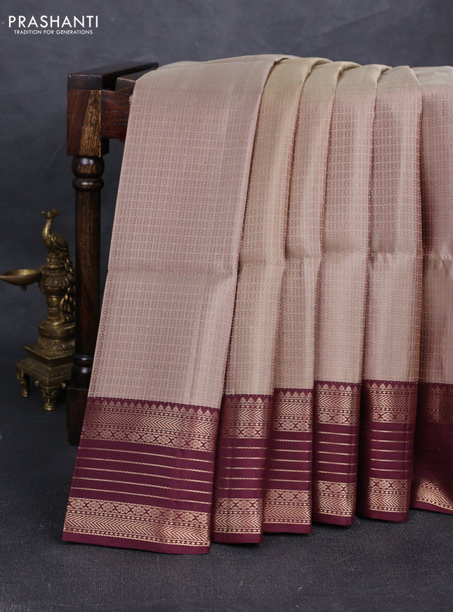 Pure soft silk saree beige and deep wine shade with allover small checked pattern and zari woven border