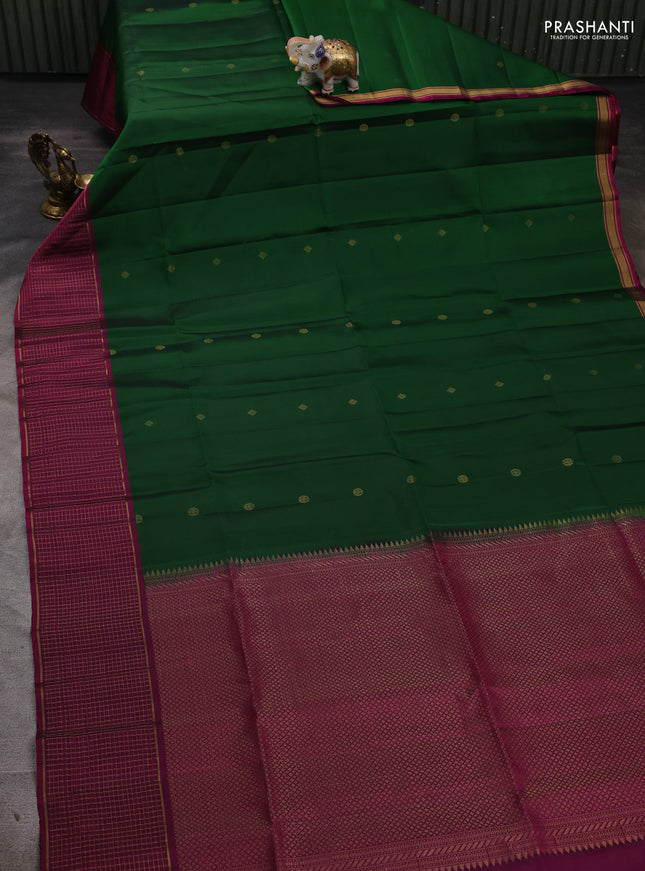 Pure soft silk saree bottle green and magenta pink with zari woven buttas and zari woven border