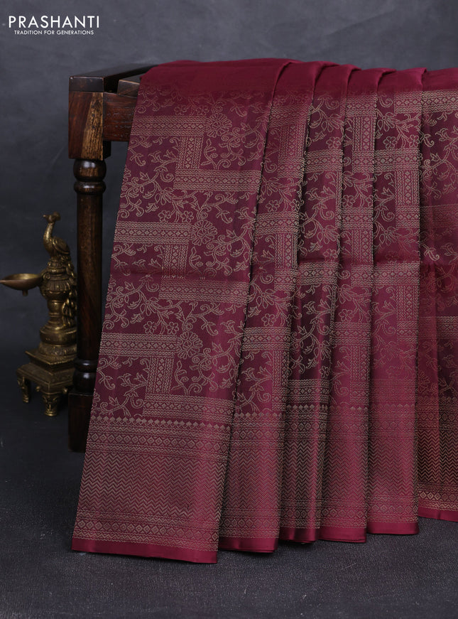 Pure soft silk saree deep wine shade with allover zari weaves and zari woven border