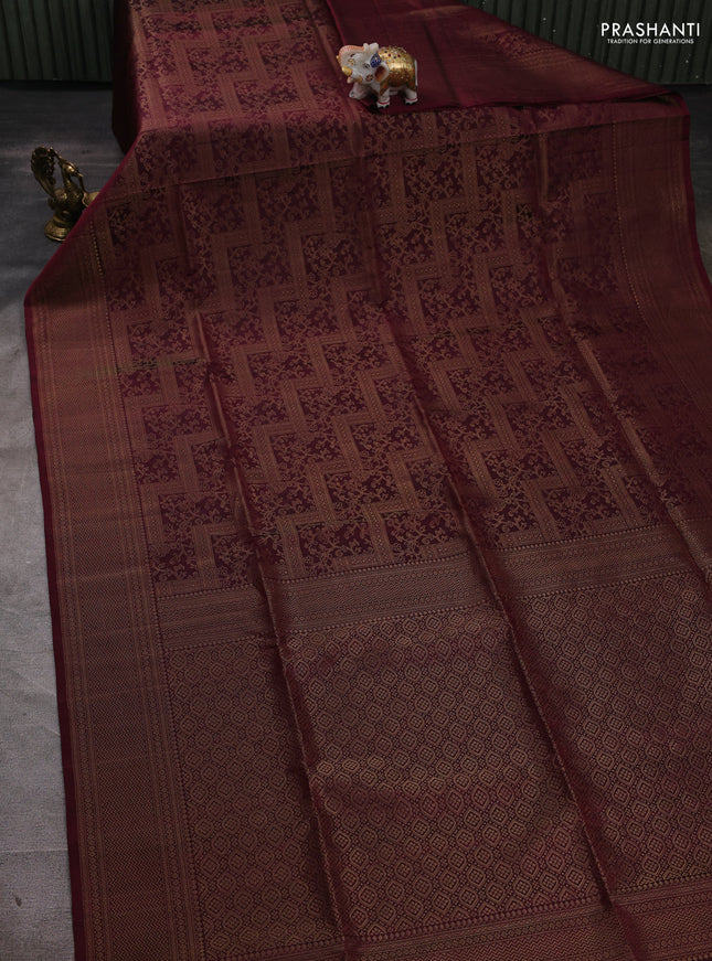 Pure soft silk saree deep wine shade with allover zari weaves and zari woven border