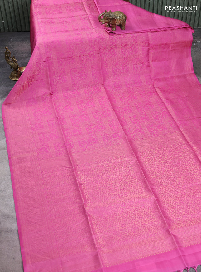 Pure soft silk saree peach pink with allover zari weaves and zari woven border