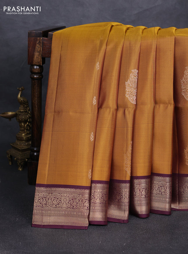 Pure soft silk saree dark mustard and deep wine shade with zari woven buttas and zari woven border