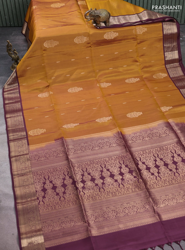 Pure soft silk saree dark mustard and deep wine shade with zari woven buttas and zari woven border