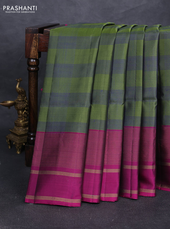 Pure soft silk saree olive green and magenta pink with allover checked pattern and long zari woven border