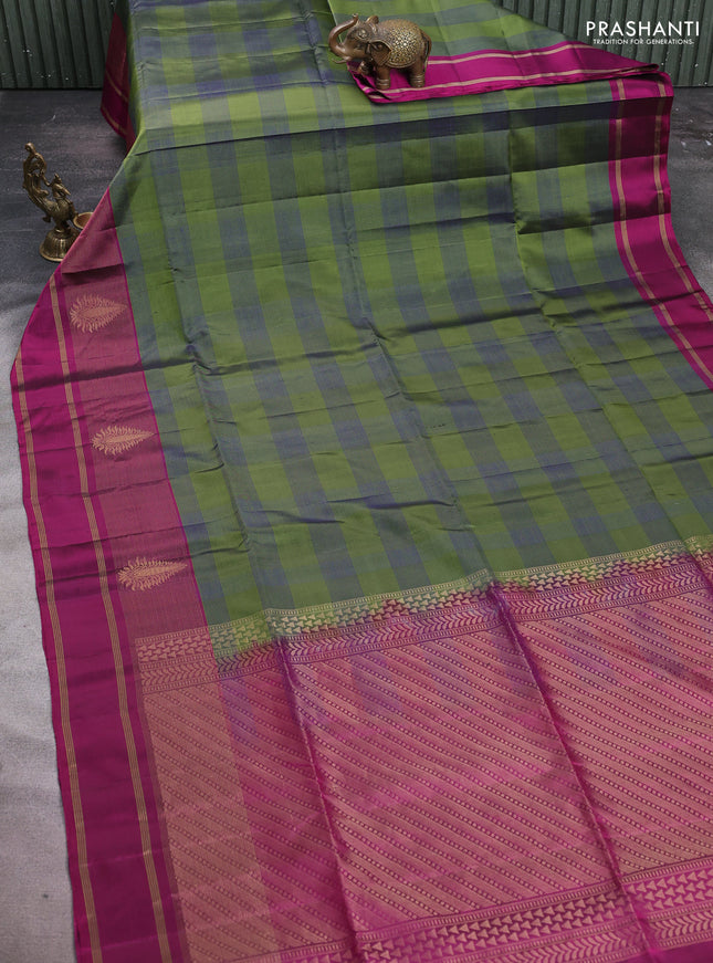 Pure soft silk saree olive green and magenta pink with allover checked pattern and long zari woven border