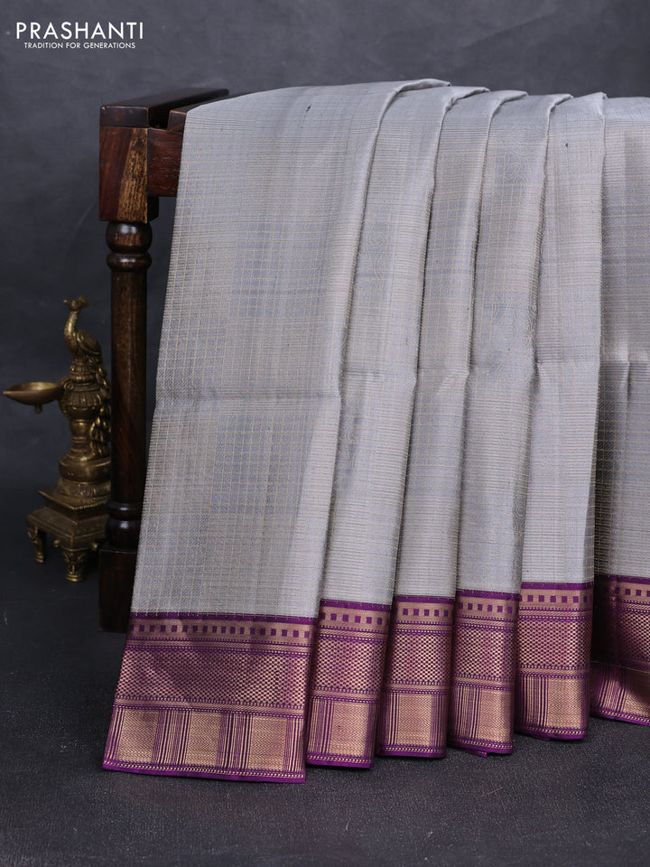 Pure soft silk saree grey and purple with allover checked pattern and zari woven border