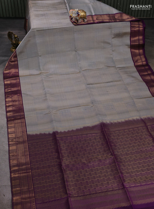 Pure soft silk saree grey and purple with allover checked pattern and zari woven border
