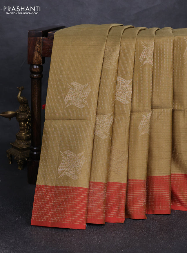 Pure soft silk saree elaichi green and red with allover zari stripe pattern and zari woven border