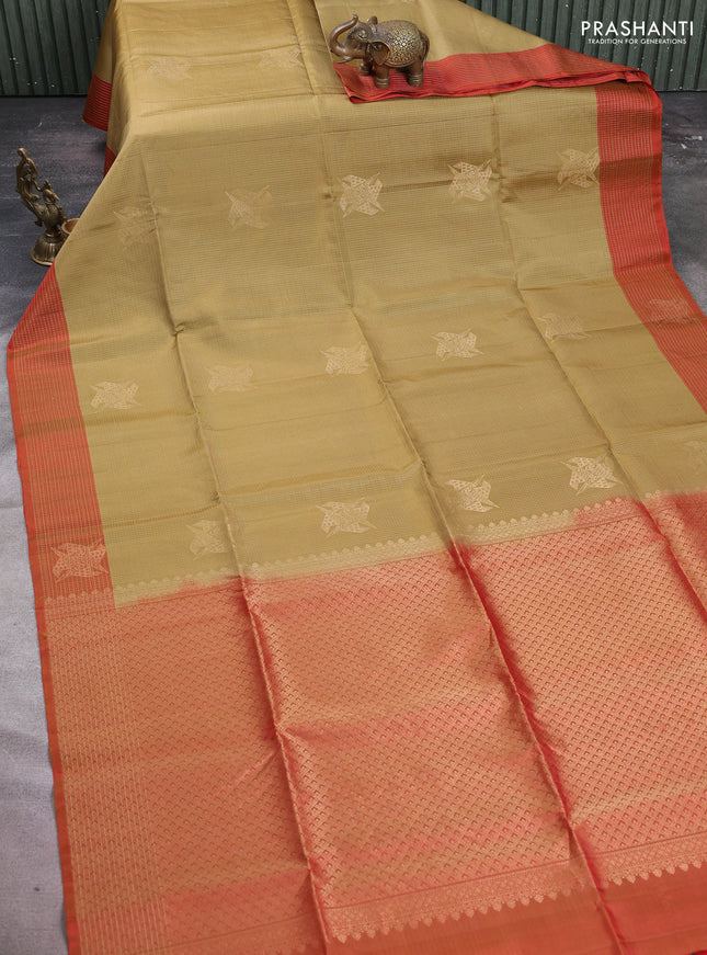 Pure soft silk saree elaichi green and red with allover zari stripe pattern and zari woven border