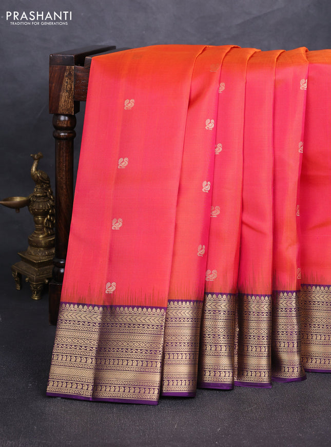 Pure soft silk saree dual shade of pinkish orange and purple with zari woven annam buttas and zari woven border