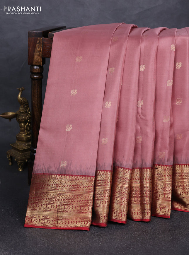 Pure soft silk saree pastel peach and maroon with zari woven annam buttas and zari woven border
