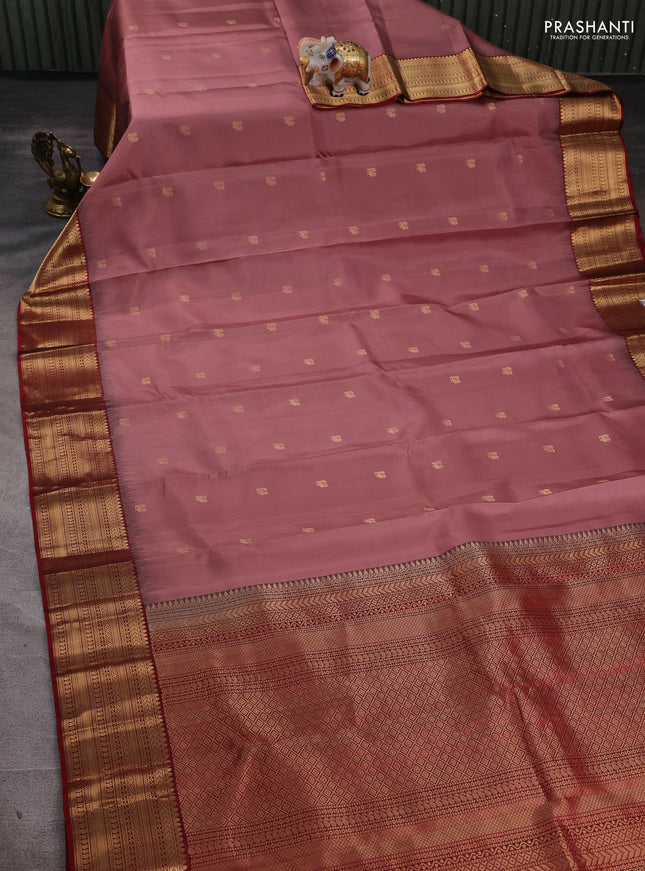Pure soft silk saree pastel peach and maroon with zari woven annam buttas and zari woven border