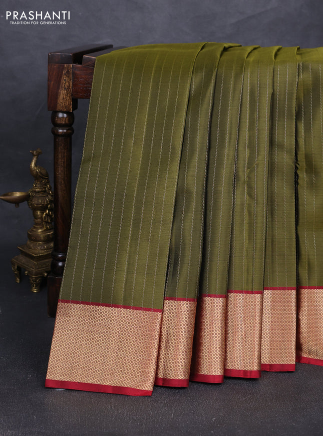 Pure soft silk saree sap green and maroon with allover zari stripe pattern and zari woven border