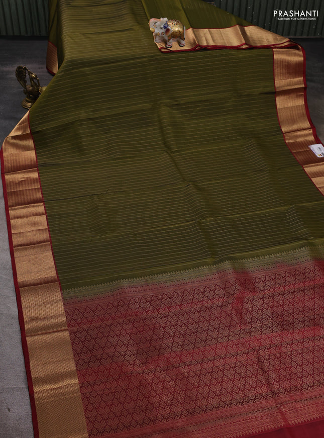 Pure soft silk saree sap green and maroon with allover zari stripe pattern and zari woven border