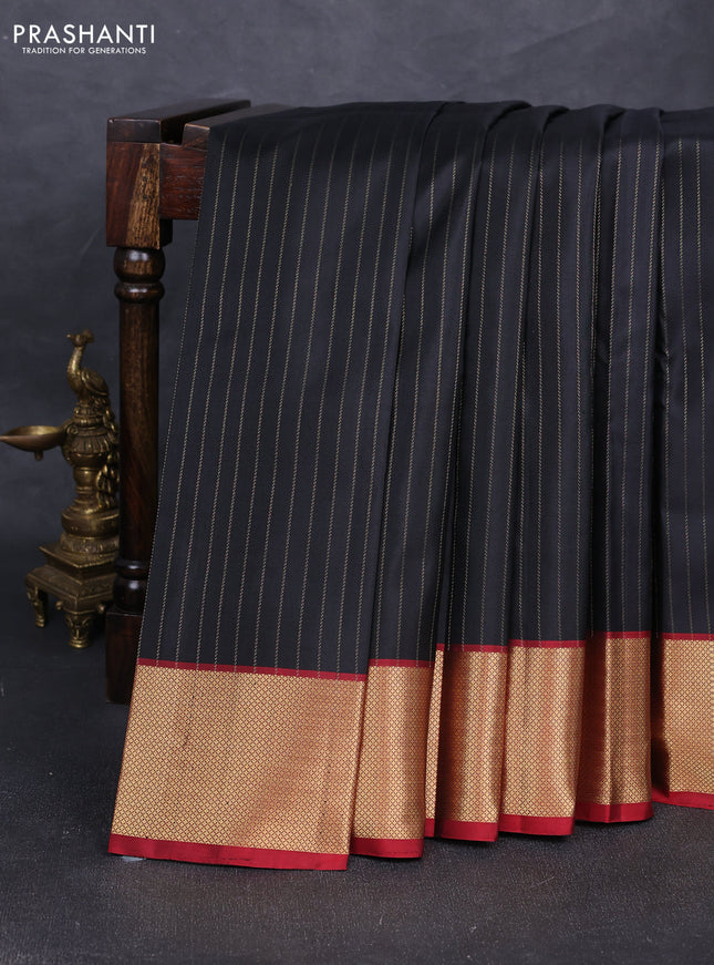 Pure soft silk saree black and maroon with allover zari stripe pattern and zari woven border