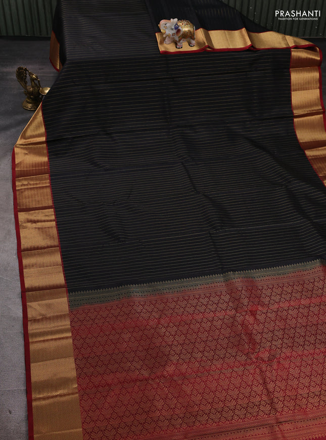 Pure soft silk saree black and maroon with allover zari stripe pattern and zari woven border
