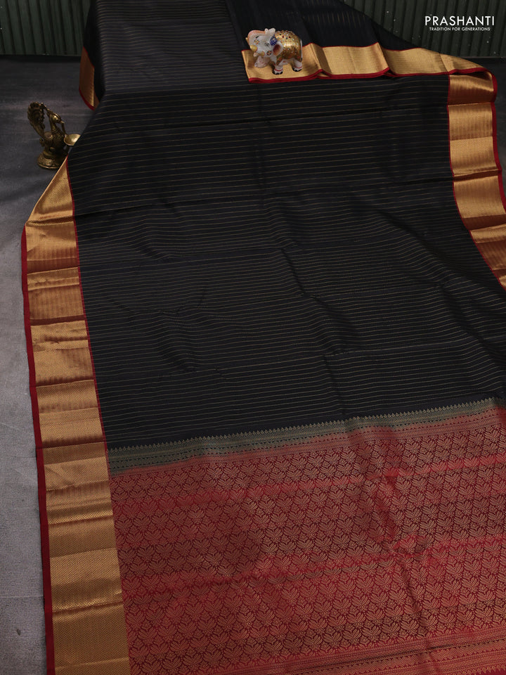 Pure soft silk saree black and maroon with allover zari stripe pattern and zari woven border