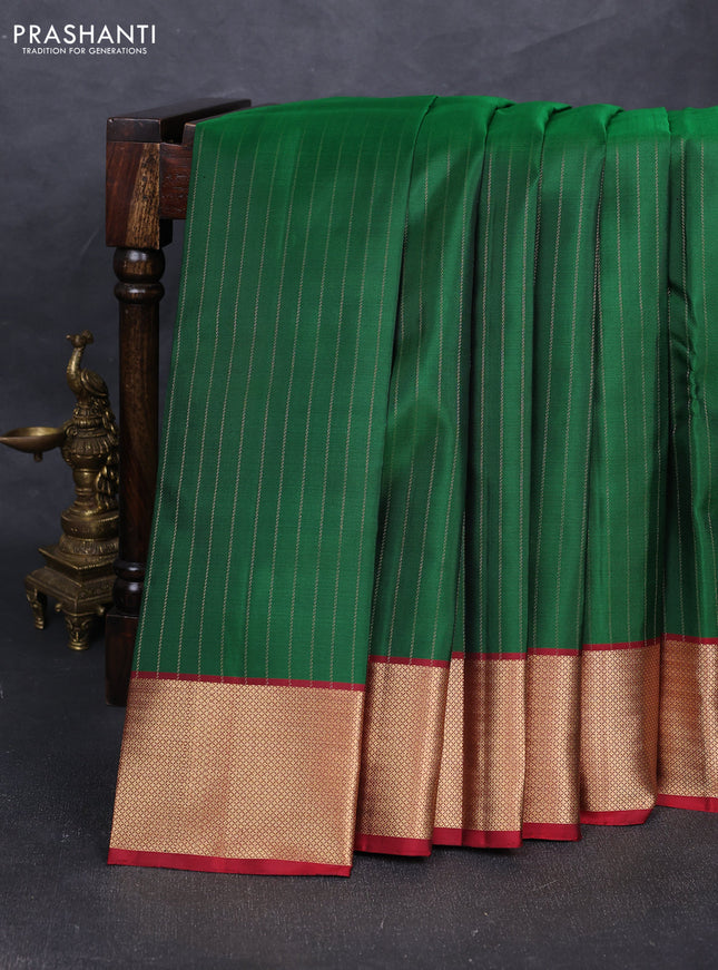 Pure soft silk saree green and maroon with allover zari stripe pattern and zari woven border