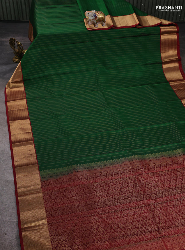 Pure soft silk saree green and maroon with allover zari stripe pattern and zari woven border