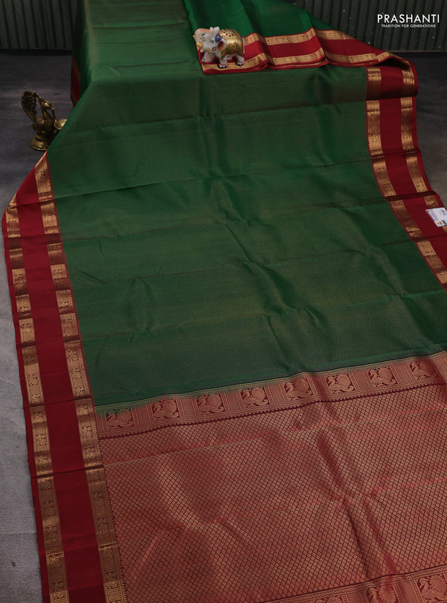 Pure soft silk saree green and maroon with allover zari woven brocade weaves and rettapet zari woven border