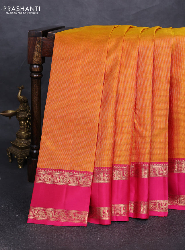 Pure soft silk saree dual shade of yellow and pink with allover zari woven brocade weaves and rettapet zari woven border