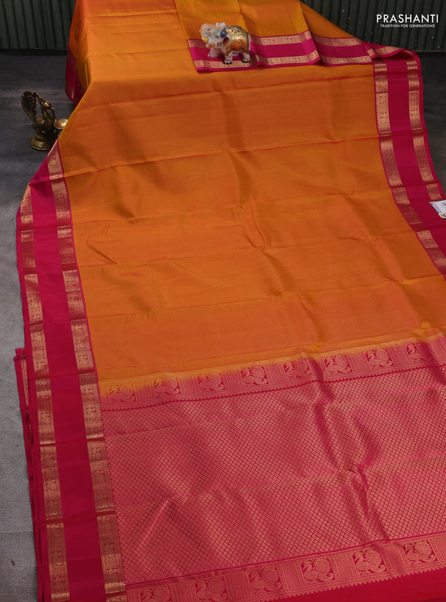 Pure soft silk saree dual shade of yellow and pink with allover zari woven brocade weaves and rettapet zari woven border