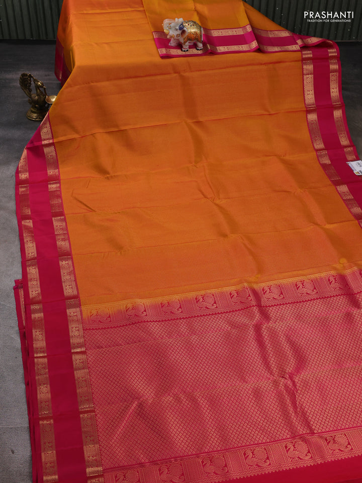 Pure soft silk saree dual shade of yellow and pink with allover zari woven brocade weaves and rettapet zari woven border