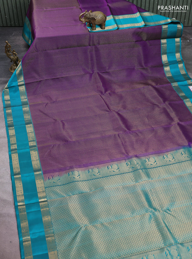 Pure soft silk saree purple and teal green with allover zari woven brocade weaves and rettapet zari woven border