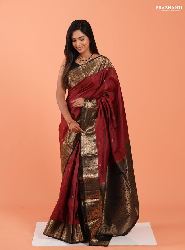 Pure soft silk saree maroon and black with elephant & rudhraksha zari woven buttas and rich zari woven border