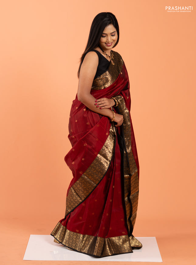 Pure soft silk saree maroon and black with elephant & rudhraksha zari woven buttas and rich zari woven border