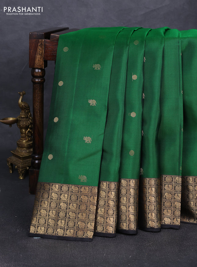 Pure soft silk saree green and black with elephant & rudhraksha zari woven buttas and rich zari woven border