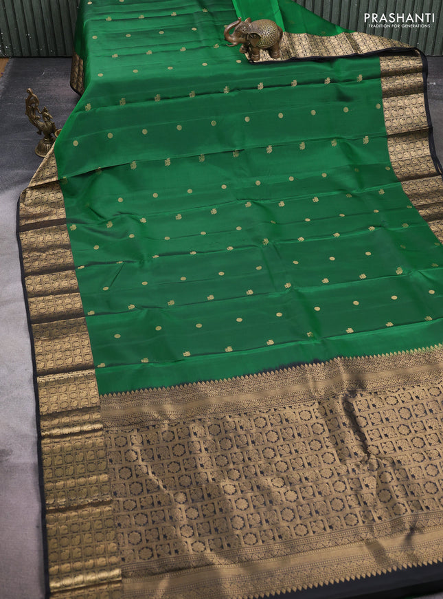 Pure soft silk saree green and black with elephant & rudhraksha zari woven buttas and rich zari woven border