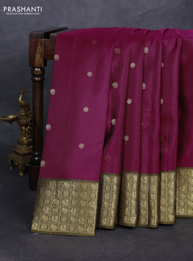 Pure soft silk saree dark magenta pink and sap green with elephant & rudhraksha zari woven buttas and rich zari woven border