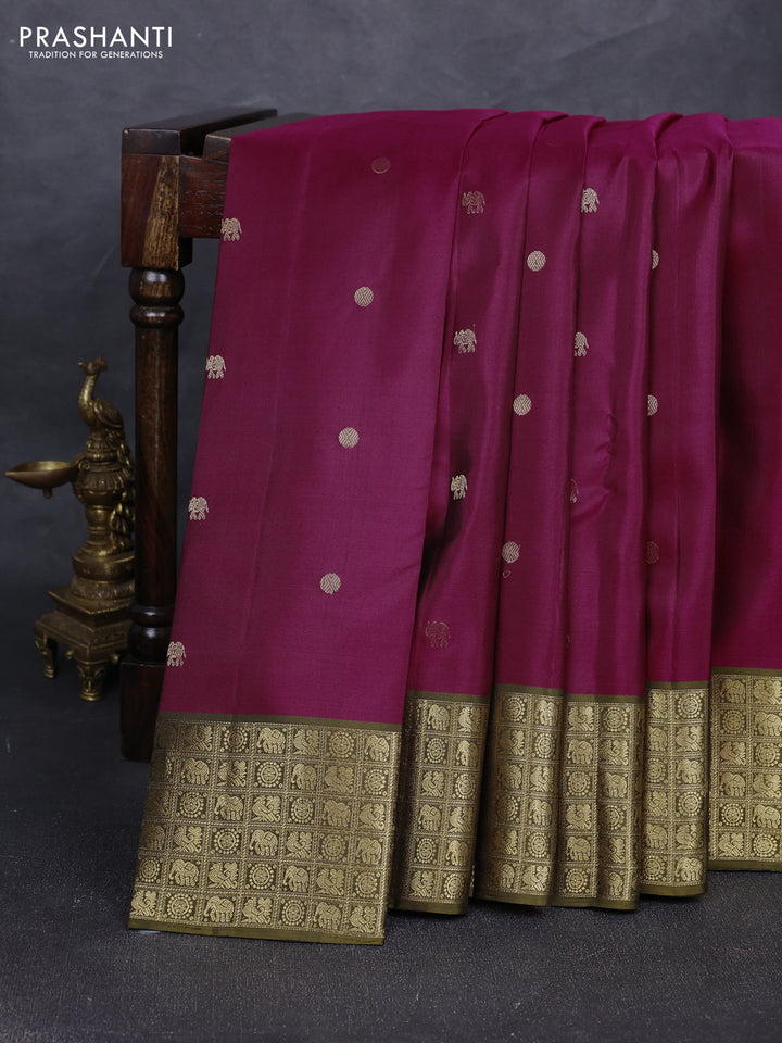 Pure soft silk saree dark magenta pink and sap green with elephant & rudhraksha zari woven buttas and rich zari woven border